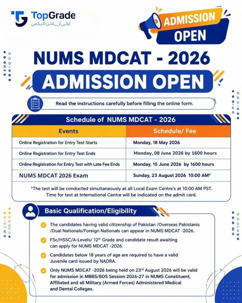 NUMS MDCAT 2026 Admission Dates and Registration Schedule