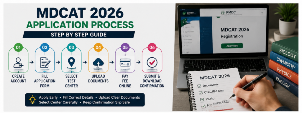 Step by step MDCAT 2026 application process showing PMDC registration, form filling, document upload, fee payment, and test center selection for students in Pakistan