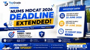 NUMS MDCAT 2026 deadline extended announcement poster with updated application dates, TopGrade.pk branding, and exam preparation details