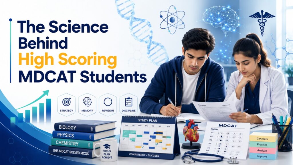 Explanation of science behind high scoring MDCAT students showing structured learning system, MCQ practice, revision cycles and exam preparation strategy