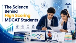 Explanation of science behind high scoring MDCAT students showing structured learning system, MCQ practice, revision cycles and exam preparation strategy