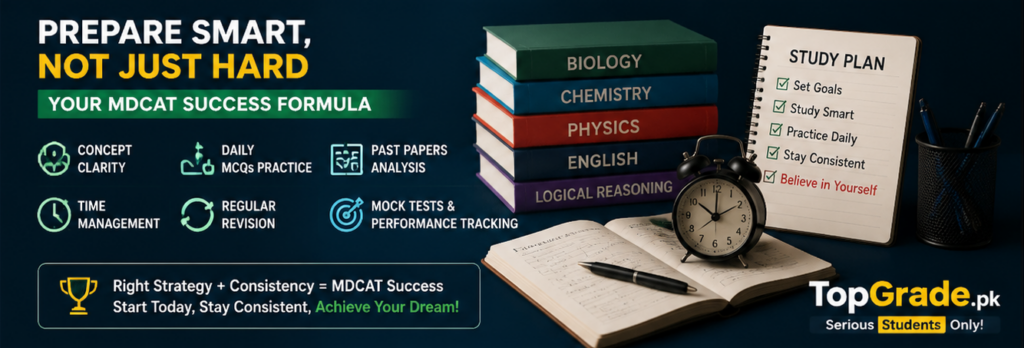 Topgrade MDCAT 2026 preparation strategy showing study plan, daily MCQs practice, revision system, time management, and success tips for medical entry test students