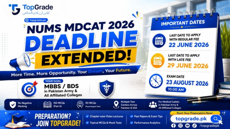 NUMS MDCAT 2026 deadline extended announcement poster with updated application dates, TopGrade.pk branding, and exam preparation details