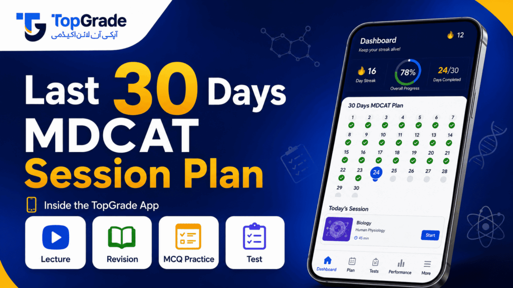 Prepare for MDCAT 2026 in 30 structured daily sessions with TopGrade: live-style lectures, MCQs, tests & revision. Fast, focused, result-driven. Download now.