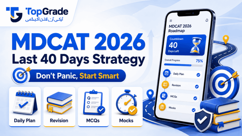 MDCAT 2026 has only 40 days left. Join TopGrade Score Booster Bundle: daily roadmaps, 10,000 MCQs, 10 mock exams & full revision. Download now.