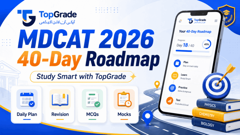 Only 40 days left for MDCAT 2026. Follow the TopGrade app roadmap — daily lectures, slides, tests & mistake analysis — to prep fast. Download now.